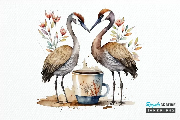 Watercolor Cute Cranes with a Cup PNG Clipart