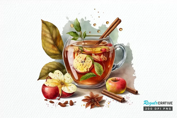 Watercolor Cinnamon Apple Tea PNG Clipart
