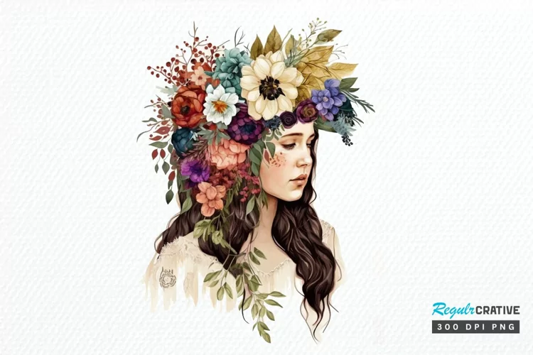 Watercolor Floral Boho Girl PNG Clipart