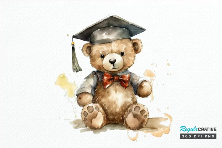 Watercolor Graduate Teddy Bear PNG Clipart
