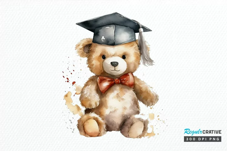 Watercolor Graduate Teddy Bear PNG Clipart
