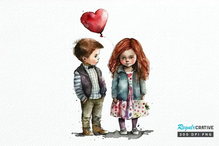 Watercolor Boy and Girl Valentine PNG Clipart