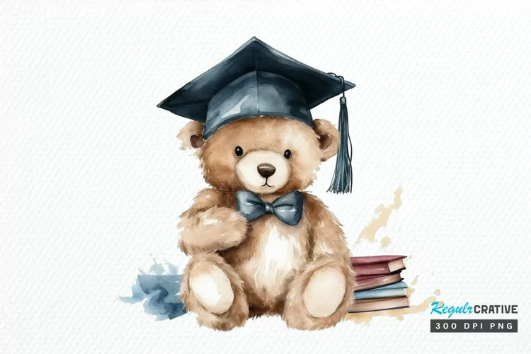 Watercolor Graduate Teddy Bear PNG Clipart
