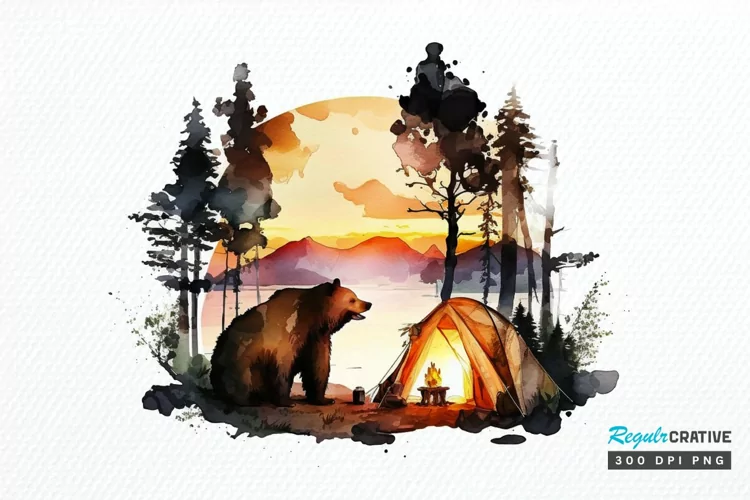 Watercolor Bear Camping at Sunset PNG Clipart