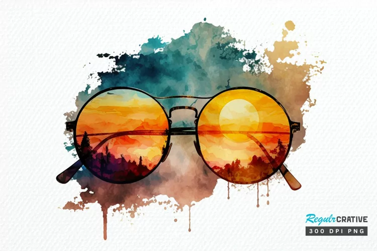 Watercolor Vintage Sunglasses Sunset PNG Clipart