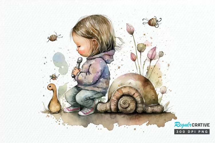 Watercolor Little Girl and Snails PNG Clipart