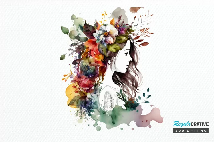 Watercolor Floral Boho Girl PNG Clipart
