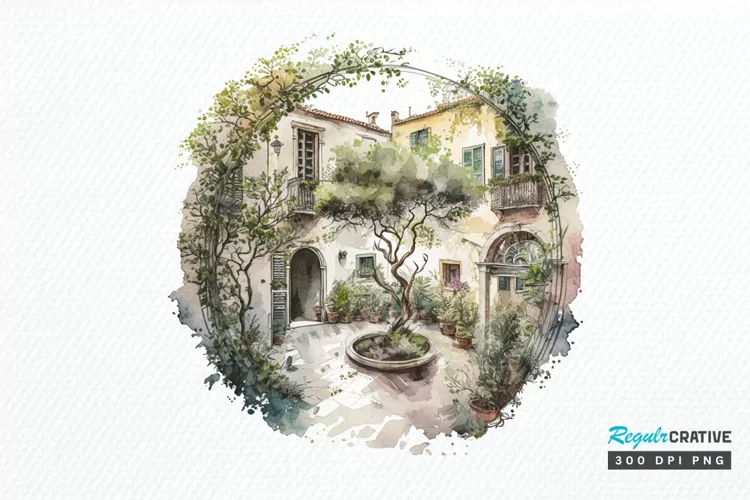 Watercolor Courtyard PNG Clipart