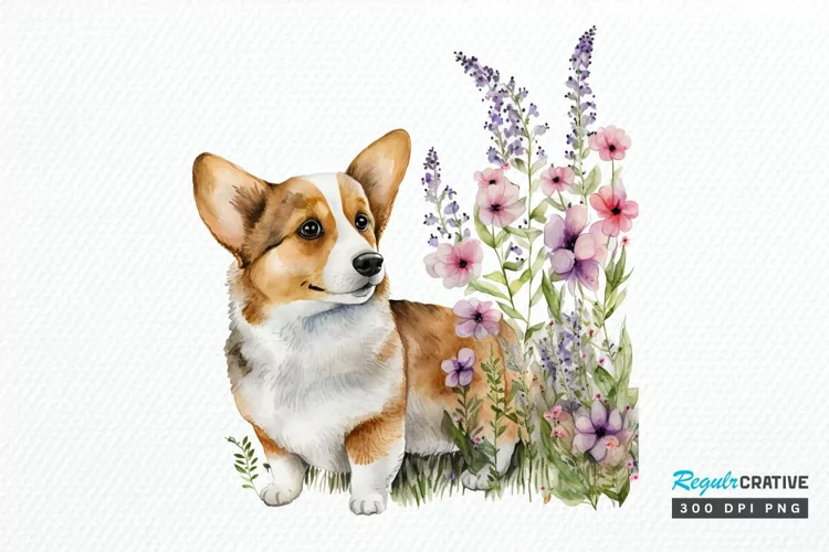 Watercolor Cute Corgi and Flowers PNG Clipart