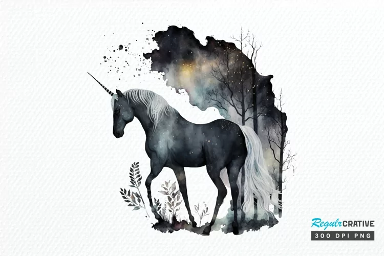 Watercolor Night Unicorn PNG Clipart