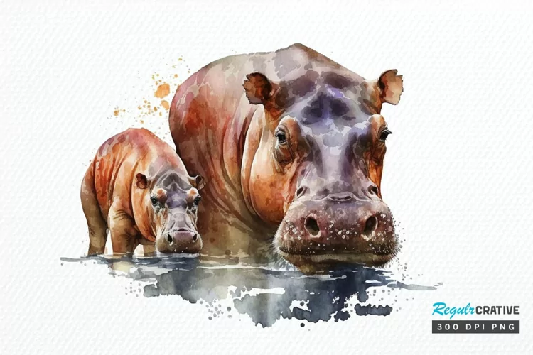 Watercolor Mom and Baby Hippopotamus PNG Clipart