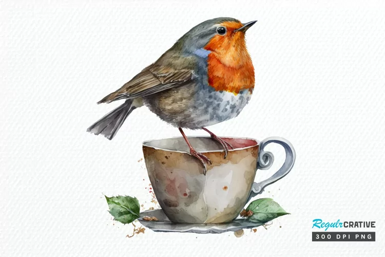 Watercolor Cute European Robin with a Cup PNG Clipart