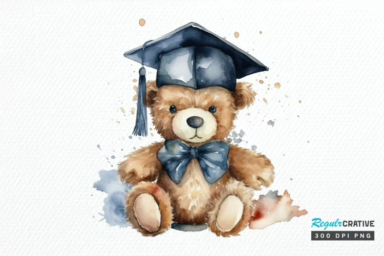 Watercolor Graduate Teddy Bear PNG Clipart