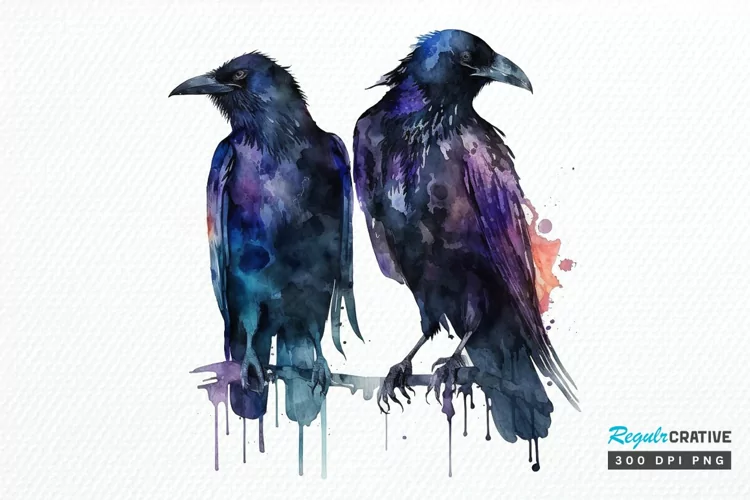 Watercolor Gothic Ravens PNG Clipart