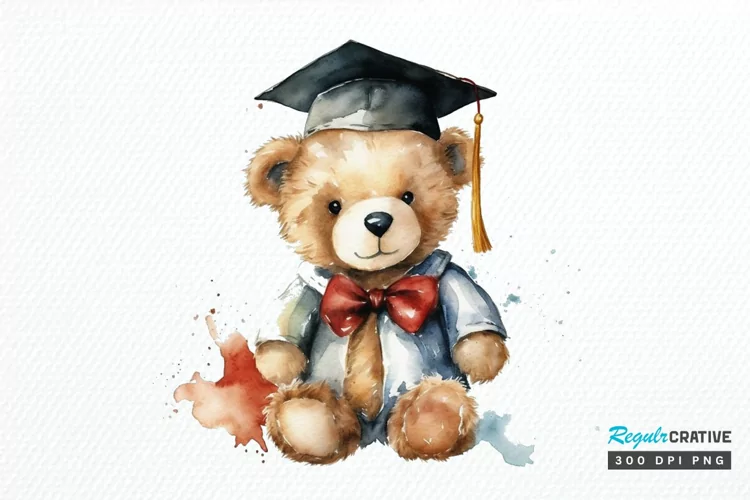 Watercolor Graduate Teddy Bear PNG Clipart