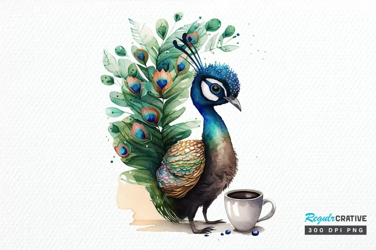 Watercolor Cute Indian Peafowl with a Cup PNG Clipart