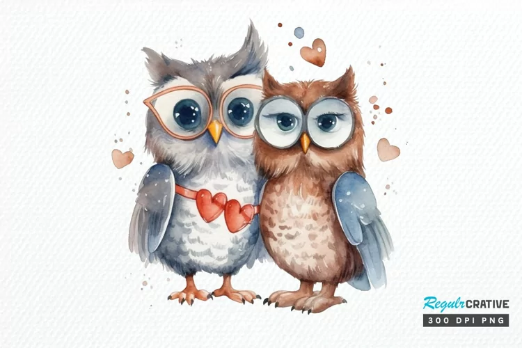 Watercolor Cute Couple Owl PNG Clipart