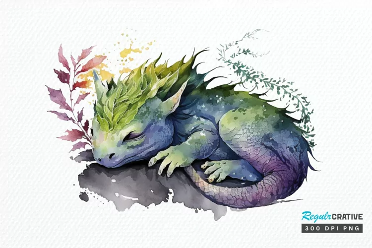 Watercolor Cute Baby Dragon Sleeping PNG Clipart