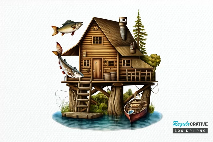 Watercolor Fishing Lodge PNG Clipart