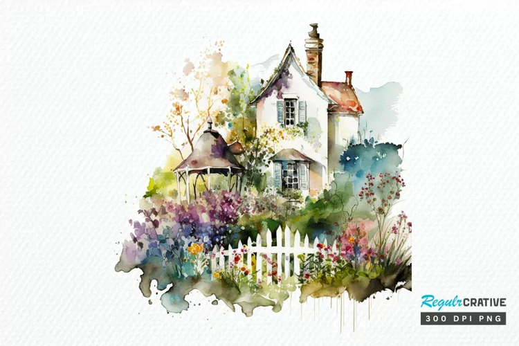 Watercolor House in Flower Garden PNG Clipart
