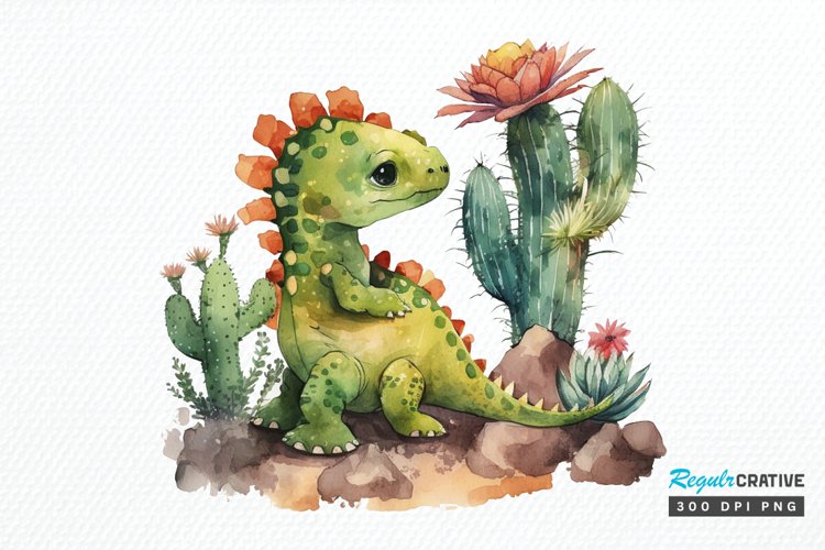 Watercolor Cute Dinosaur and Cactus PNG Clipart
