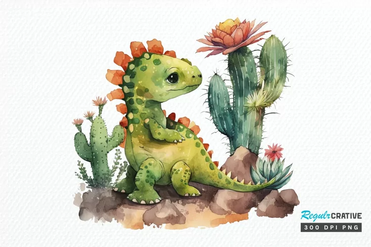 Watercolor Cute Dinosaur and Cactus PNG Clipart