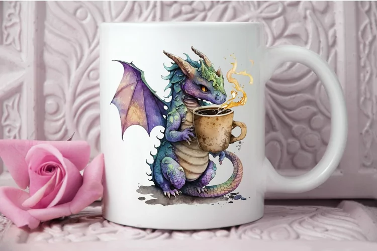 Watercolor Cute Dragon Drinking Coffee PNG Clipart