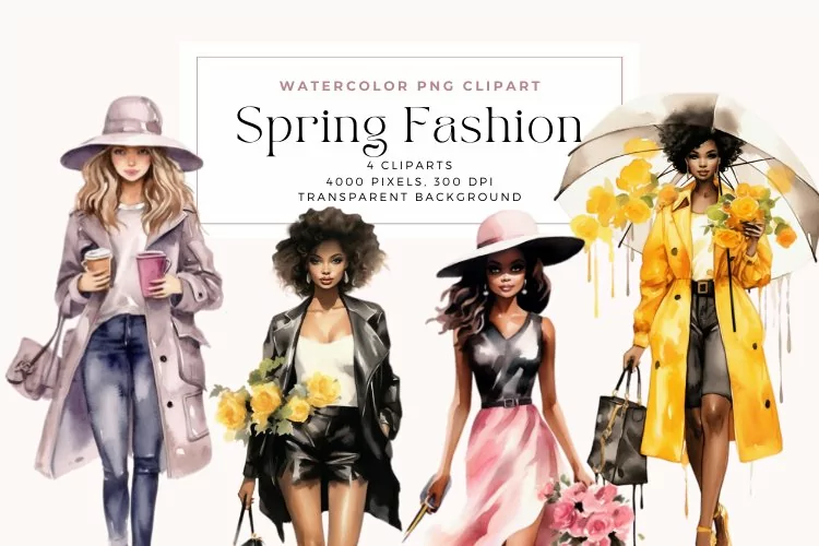4 Watercolor Spring Fashion Clipart