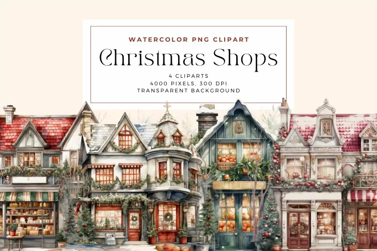 4 Watercolor Christmas Shops Clipart