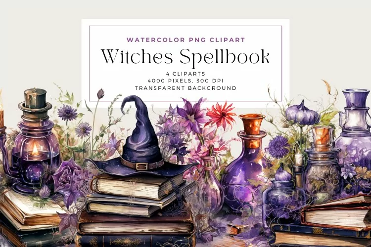 4 Watercolor Witches Spellbook Clipart