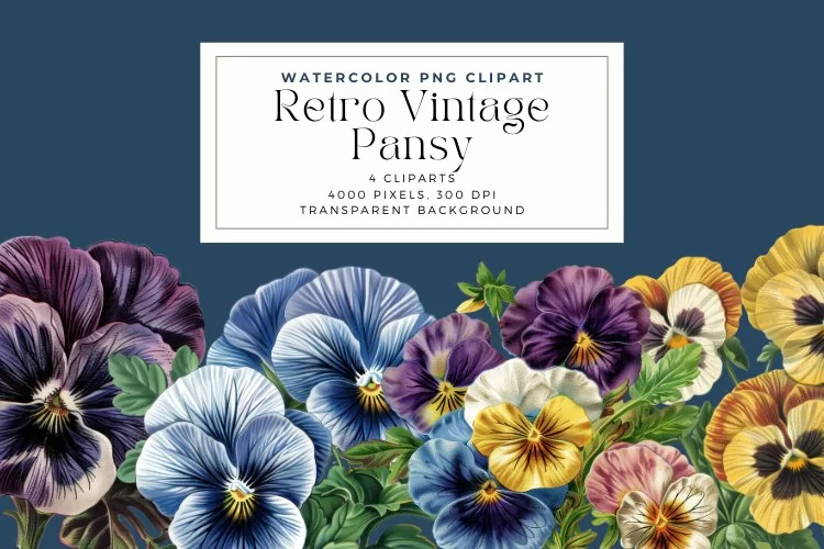 Watercolor Retro Vintage Pansy Clipart