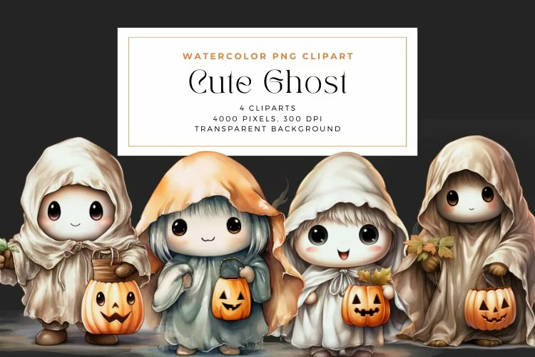 4 Watercolor Cute Ghosts Clipart