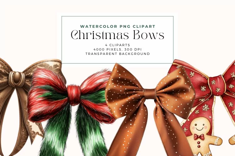 Watercolor Christmas Bows Clipart