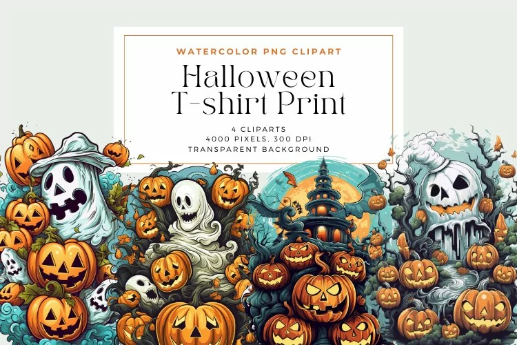 4 Watercolor Halloween T-shirt Print Clipart