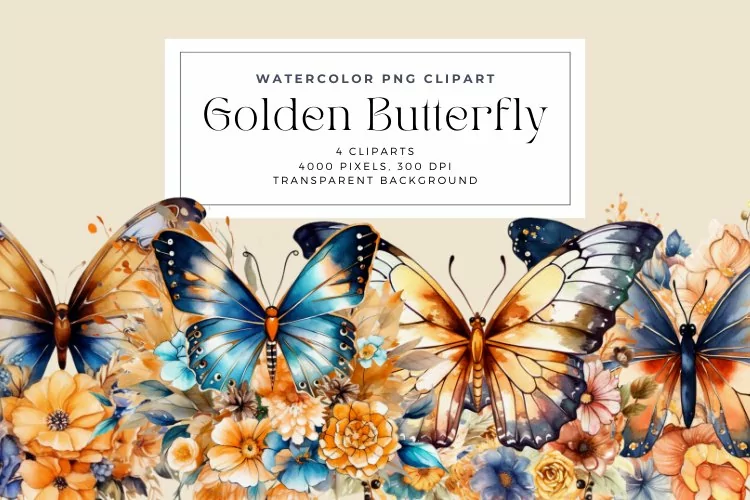 4 Watercolor Golden Butterfly Clipart