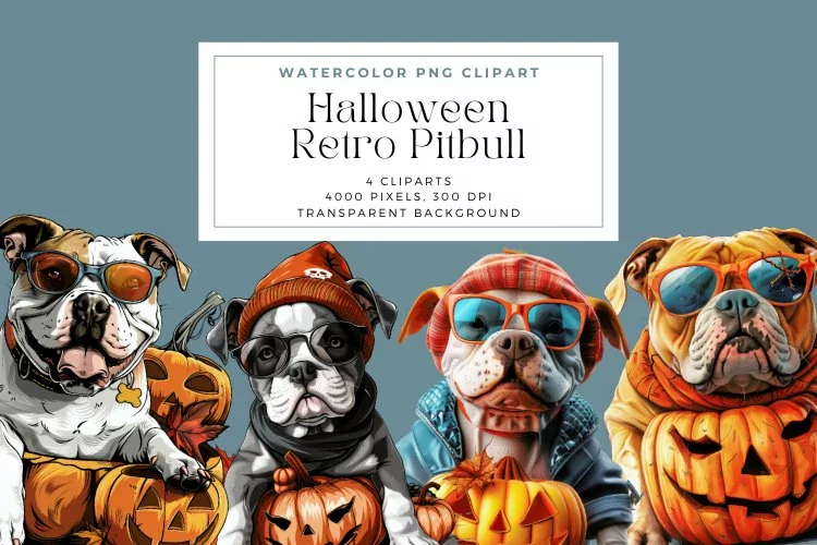 Watercolor Halloween Retro Pitbull Clipart