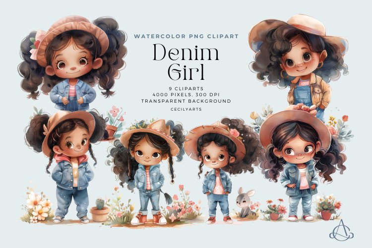 Watercolor Cute Denim Girl Clipart Bundle