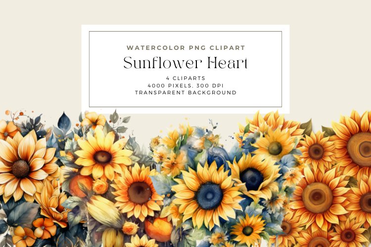 4 Watercolor Sunflower Heart Clipart