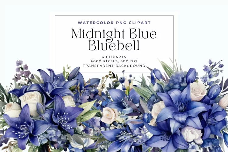 4 Watercolor Midnight Blue Bluebell Clipart