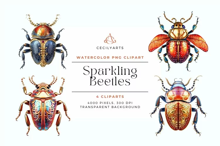 4 Watercolor Sparkling Beetles Clipart