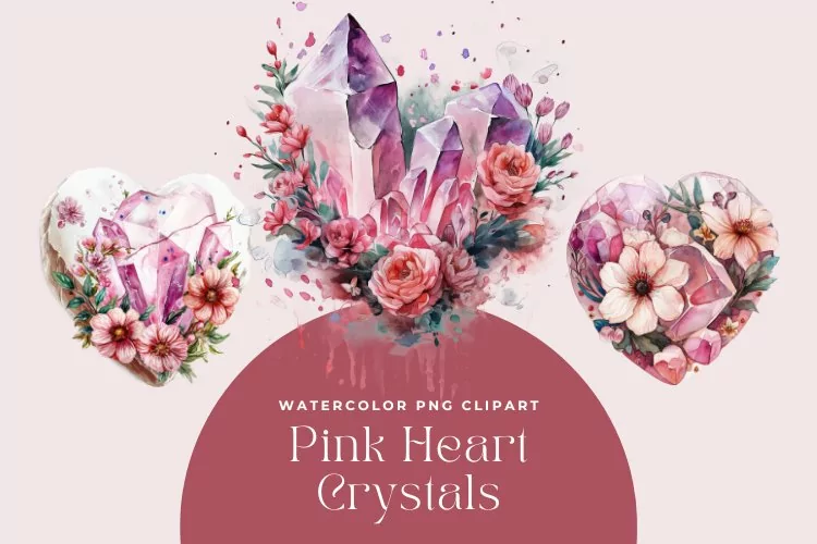 3 Watercolor Pink Heart Crystals Clipart