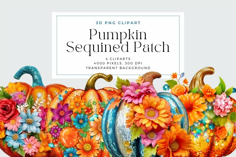 4 Watercolor Pumpkin Sequined Patch Clipart