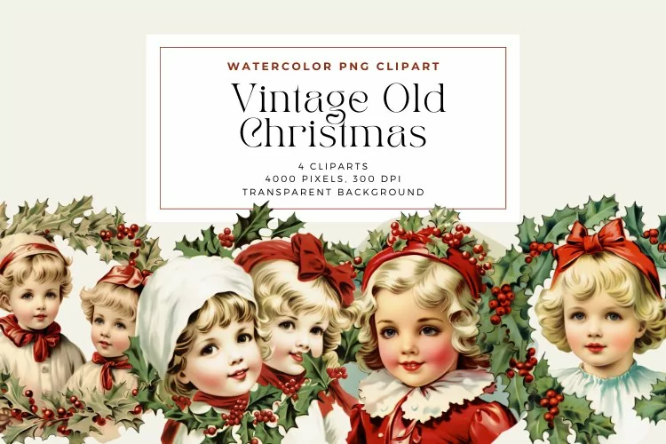 4 Watercolor Vintage Old Christmas Clipart