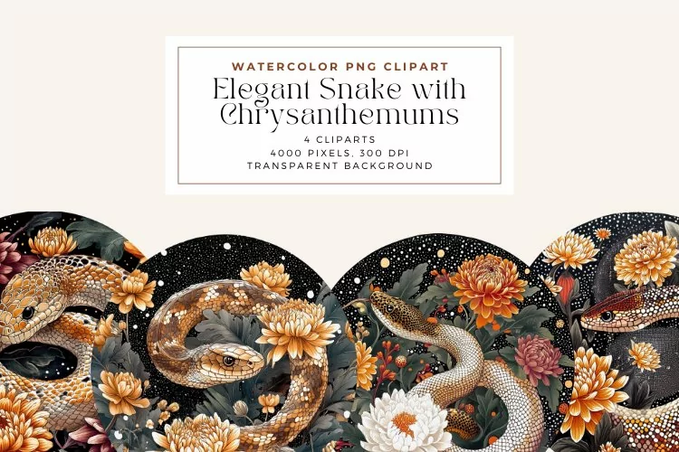 Watercolor Snake with Chrysanthemums in a Circular Clipart