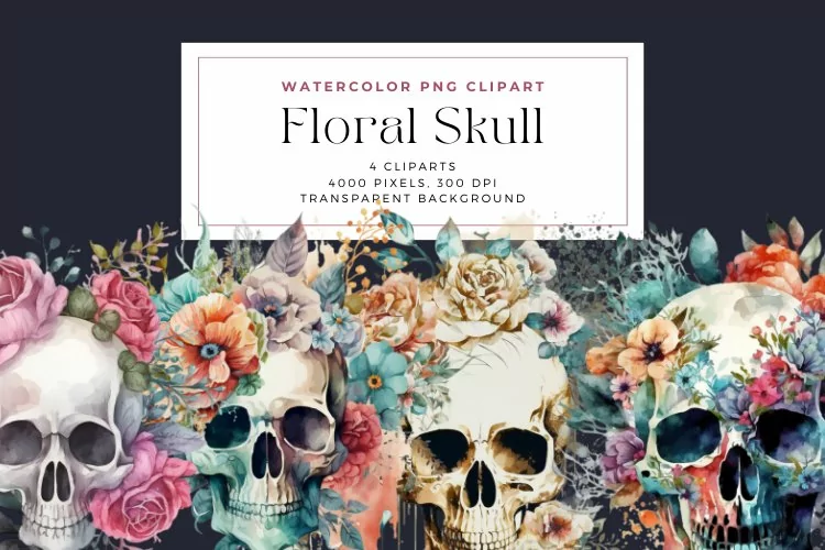 4 Watercolor Floral Skull Clipart