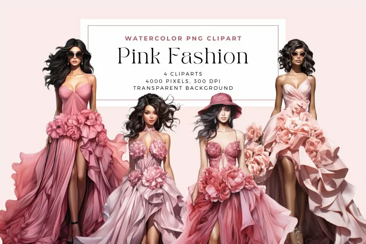 4 Watercolor Pink Fashion Clipart
