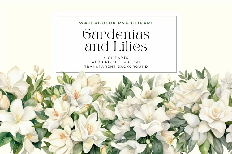 4 Watercolor Gardenias and Lilies Clipart