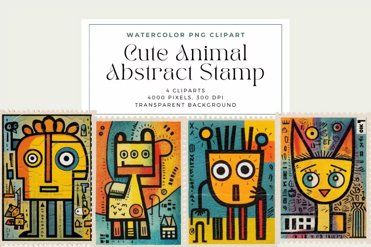 4 Watercolor Cute Animal Abstract Stamp Clipart