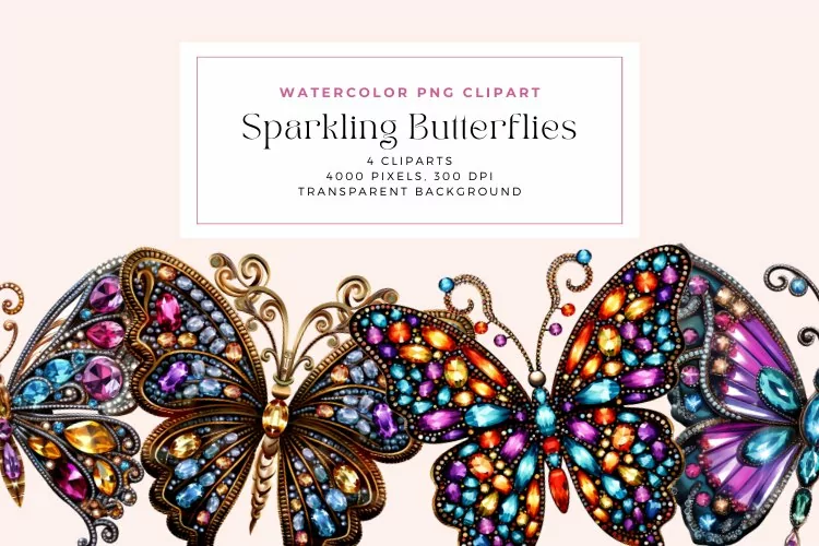 4 Watercolor Sparkling Butterflies Clipart