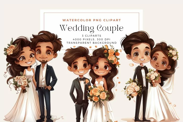 Watercolor Cute Wedding Couple Clipart